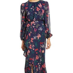 Eliza J Cascading Ruffle Navy Blue Floral Gown Long Sleeve Maxi Dress